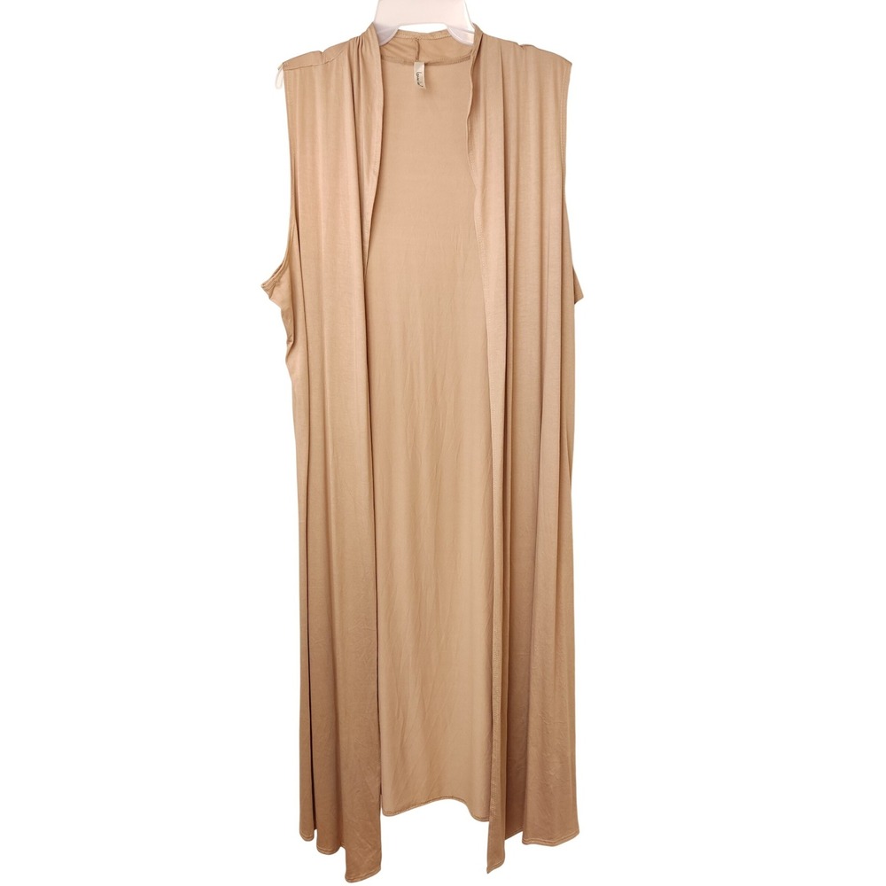 Isaac Lieu Vest Womens 3XL Tan Longline Duster Open Front Sleeveless Jersey Knit